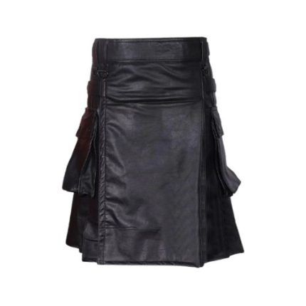 Modern Black Leather Kilt with Utility Pockets and Adjustable Straps
