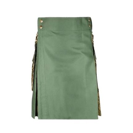 Olive Green Military-Inspired Tactical Kilt with Cargo Pockets and Studs