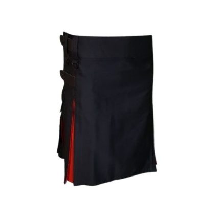 Women’s Black Utility Kilt with Bold Red Pleats and Leather Straps