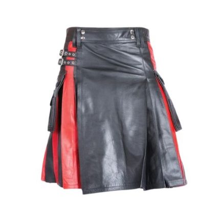 Men's Black Leather Kilt with Red Pleats and Side Straps