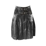 Modern Black Leather Kilt with Wide Waistband and Pleated Design