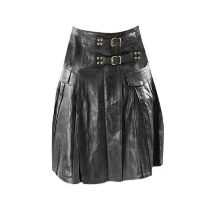 Modern Black Leather Kilt with Wide Waistband and Pleated Design