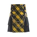 Men’s Black Gothic Hybrid Kilt with Yellow Tartan Front Apron and Chains