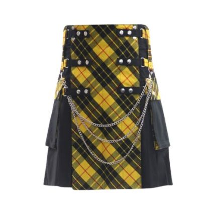 Men’s Black Gothic Hybrid Kilt with Yellow Tartan Front Apron and Chains