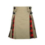 Men’s Khaki Hybrid Utility Kilt with Wallace Tartan Pleats and Cargo Pockets
