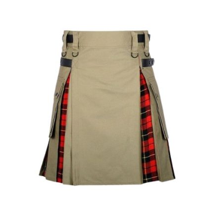 Men’s Khaki Hybrid Utility Kilt with Wallace Tartan Pleats and Cargo Pockets
