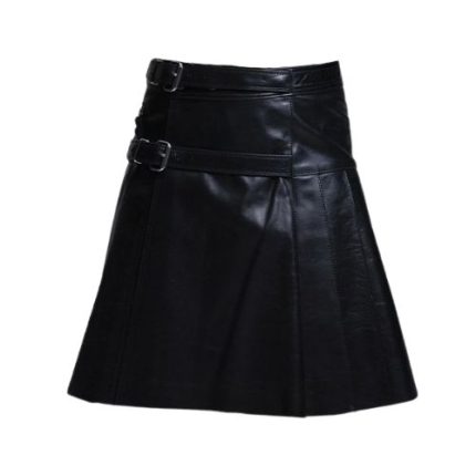 Men's Black Leather Kilt with Side Buckle Straps and Zip Pocket