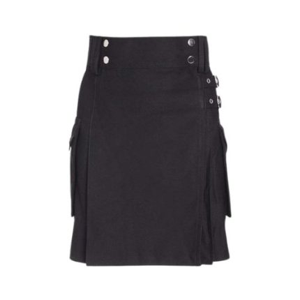 Women’s Black Utility Kilt with Buckle Straps and Functional Pockets