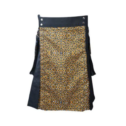 Men’s Black Hybrid Kilt with Bold Leopard Print Apron