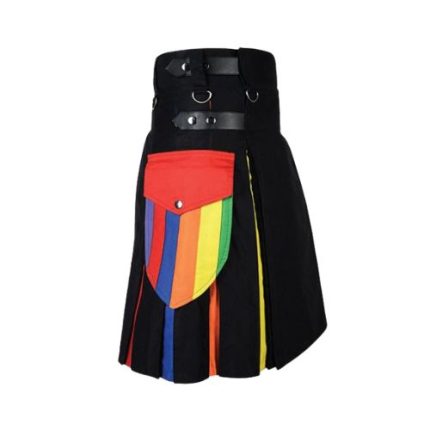 Men’s Black Utility Kilt with Rainbow Pleats and Cargo Pockets