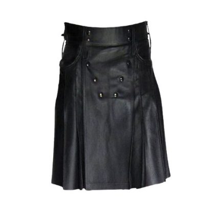 Men's Black Pleated Leather Kilt with Front Stud Details