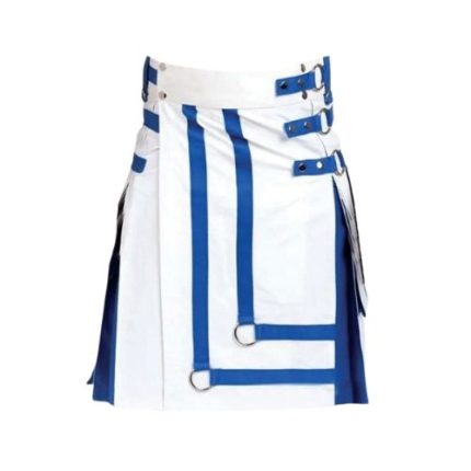 Men’s White and Blue Hybrid Kilt with Stylish Front Design