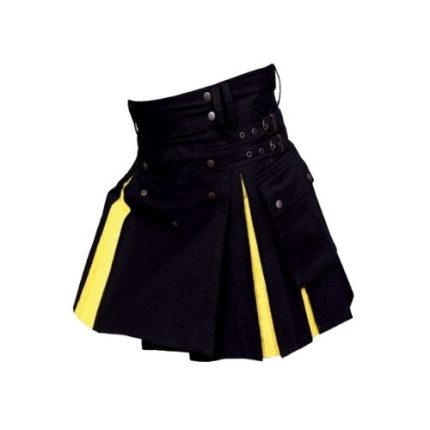 Women’s Black and Yellow Hybrid Utility Kilt with Side Pocket and Buckle Straps