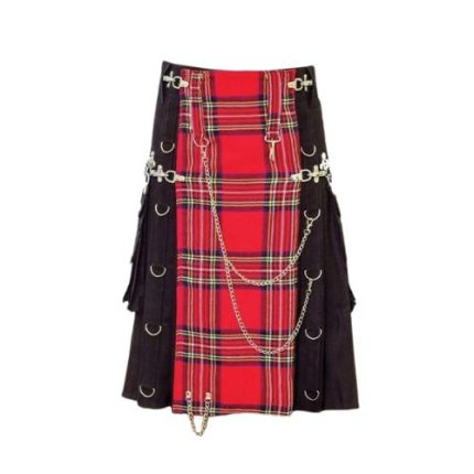 Men’s Black Hybrid Gothic Kilt with Royal Stewart Tartan Apron and Chains