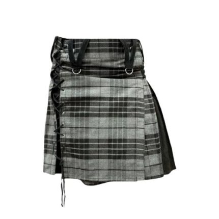 Women’s Grey Tartan Hybrid Kilt with Lace-Up Side and Black Accents