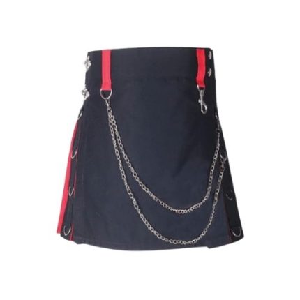 Women’s Black and Red Hybrid Kilt with Chain Accents and Side Rings