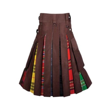 Men’s Brown Hybrid Kilt with Multi-Tartan Pleats and Utility Pockets