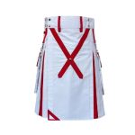 Men’s White and Red Modern Hybrid Kilt with Stylish Cross Detailing