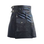 Stylish Black Leather Kilt with Detachable Front Pocket and Buckle Straps