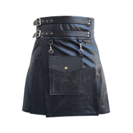 Stylish Black Leather Kilt with Detachable Front Pocket and Buckle Straps