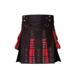 Women’s Black and Red Tartan Hybrid Kilt with Flap Pockets and Strap Accents