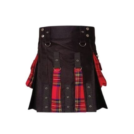 Women’s Black and Red Tartan Hybrid Kilt with Flap Pockets and Strap Accents