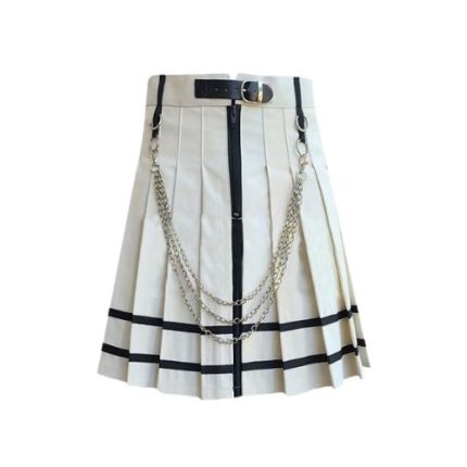 Women’s White Pleated Mini Gothic Kilt with Black Straps and Chain Details