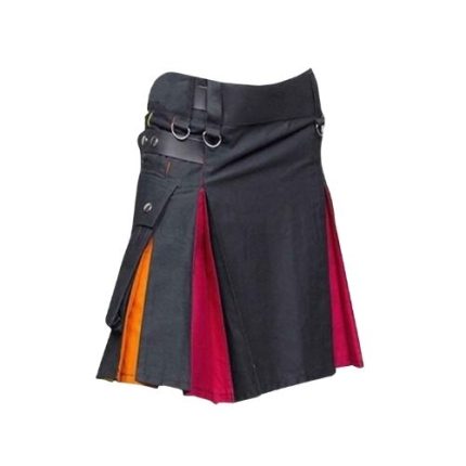 Women’s Black Hybrid Utility Kilt with Multicolored Pleats and D-Ring Accents