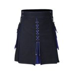 Men’s Black and Blue Hybrid Kilt with Lace-Up Front and Utility Design