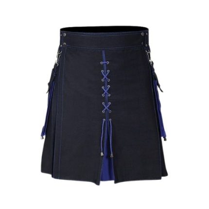 Men’s Black and Blue Hybrid Kilt with Lace-Up Front and Utility Design
