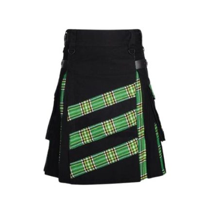 Men’s Black Hybrid Kilt with Irish Green Tartan and Stylish Apron