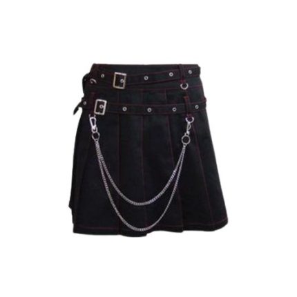 Women’s Black Pleated Mini Kilt with Chains and Belted Straps