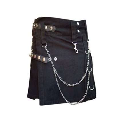 Women’s Black Gothic Utility Kilt with Chains and Detachable Pockets