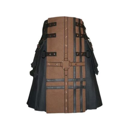 Men’s Black and Brown Cross Gothic Utility Kilt with Leather Accents