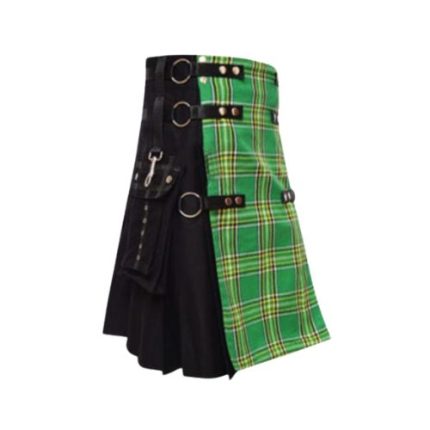 Men’s Black Hybrid Kilt with Irish Tartan Apron and Utility Features