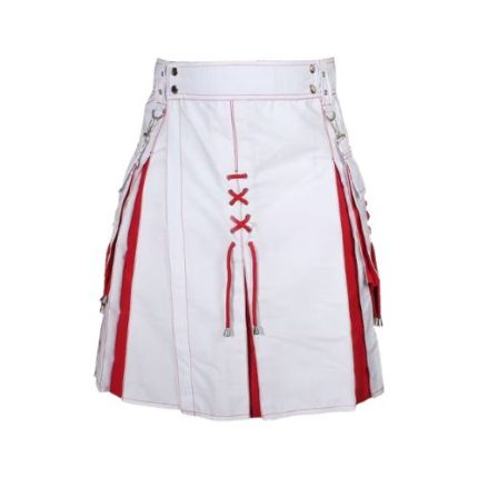Men’s Modern White and Red Hybrid Kilt with Lace-Up Front Design