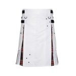 Men’s White Hybrid Kilt with Black Stewart Tartan Pleats