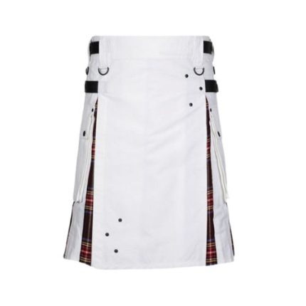 Men’s White Hybrid Kilt with Black Stewart Tartan Pleats