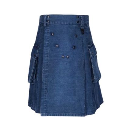 Indigo Denim Kilt with Cargo Pockets and Brass Studs