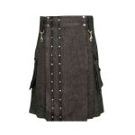 Dark Denim Wash Kilt with Black Panel, Silver Studs, Cargo Pockets, Adjustable Straps, and D-Rings