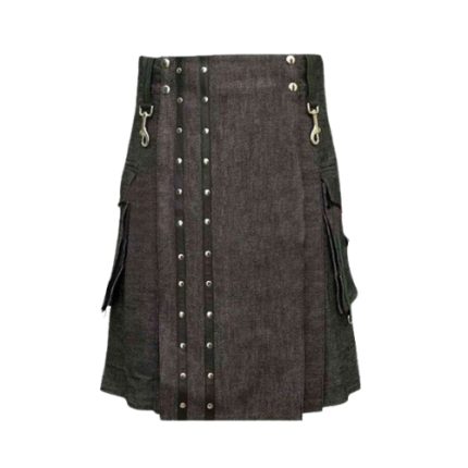 Dark Denim Wash Kilt with Black Panel, Silver Studs, Cargo Pockets, Adjustable Straps, and D-Rings