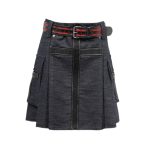 Dark Wash Denim Kilt with Black and Red Accents and Cargo Pockets