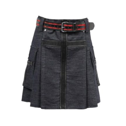 Dark Wash Denim Kilt with Black and Red Accents and Cargo Pockets