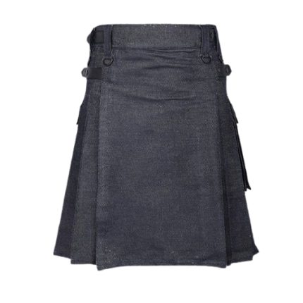 Dark Denim Kilt with Leather Straps, Buckles, and Cargo Pockets