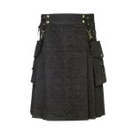 Black Denim Kilt with Decorative Buckles, D-Rings, Brass Studs, and Cargo Pockets