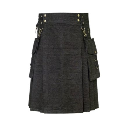 Black Denim Kilt with Decorative Buckles, D-Rings, Brass Studs, and Cargo Pockets