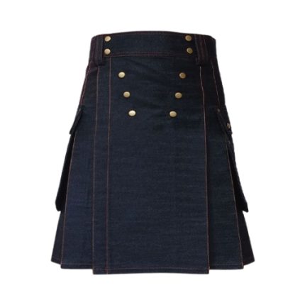 Black Denim Kilt with Orange Stitching and Cargo Pockets