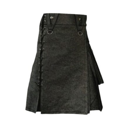 Black Denim Kilt with Side Lacing and Metal D-Rings
