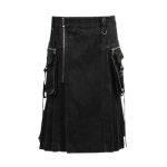 Black Denim Kilt with Metal Accents, Cargo Pockets, and Zippers