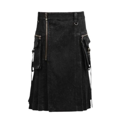 Black Denim Kilt with Metal Accents, Cargo Pockets, and Zippers